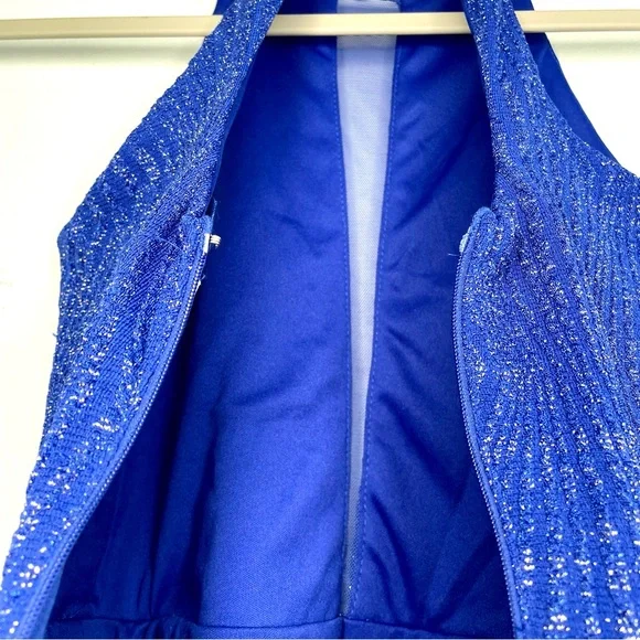 Charlotte Russe Electric Blue Cutout Halter Mini Dress XS Metallic Semi Formal - Picture 10 of 15